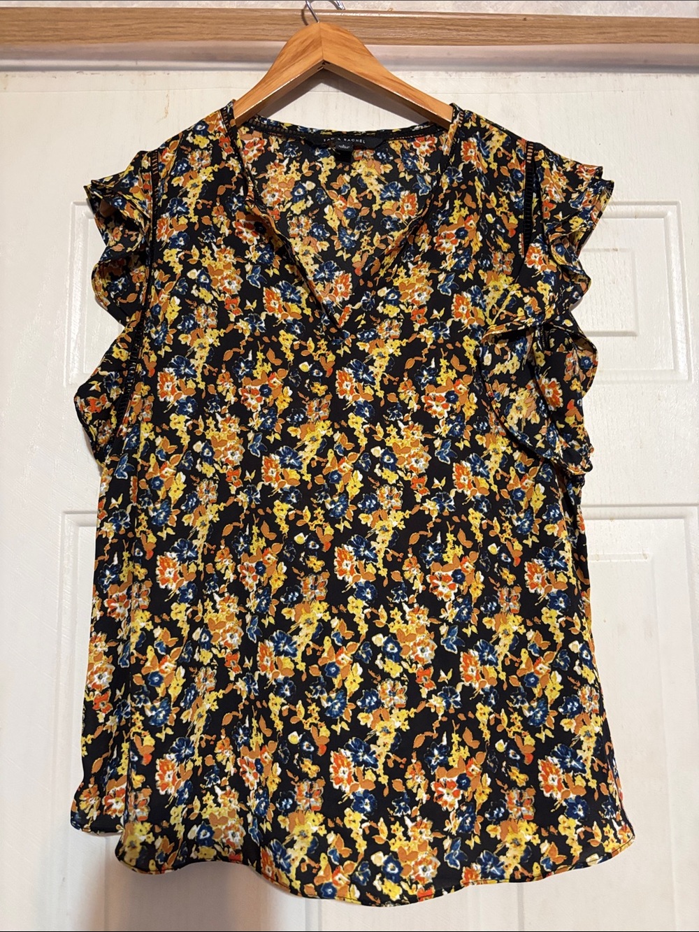 Floral Ruffle Sleeve Blouse - Black/Yellow Floral